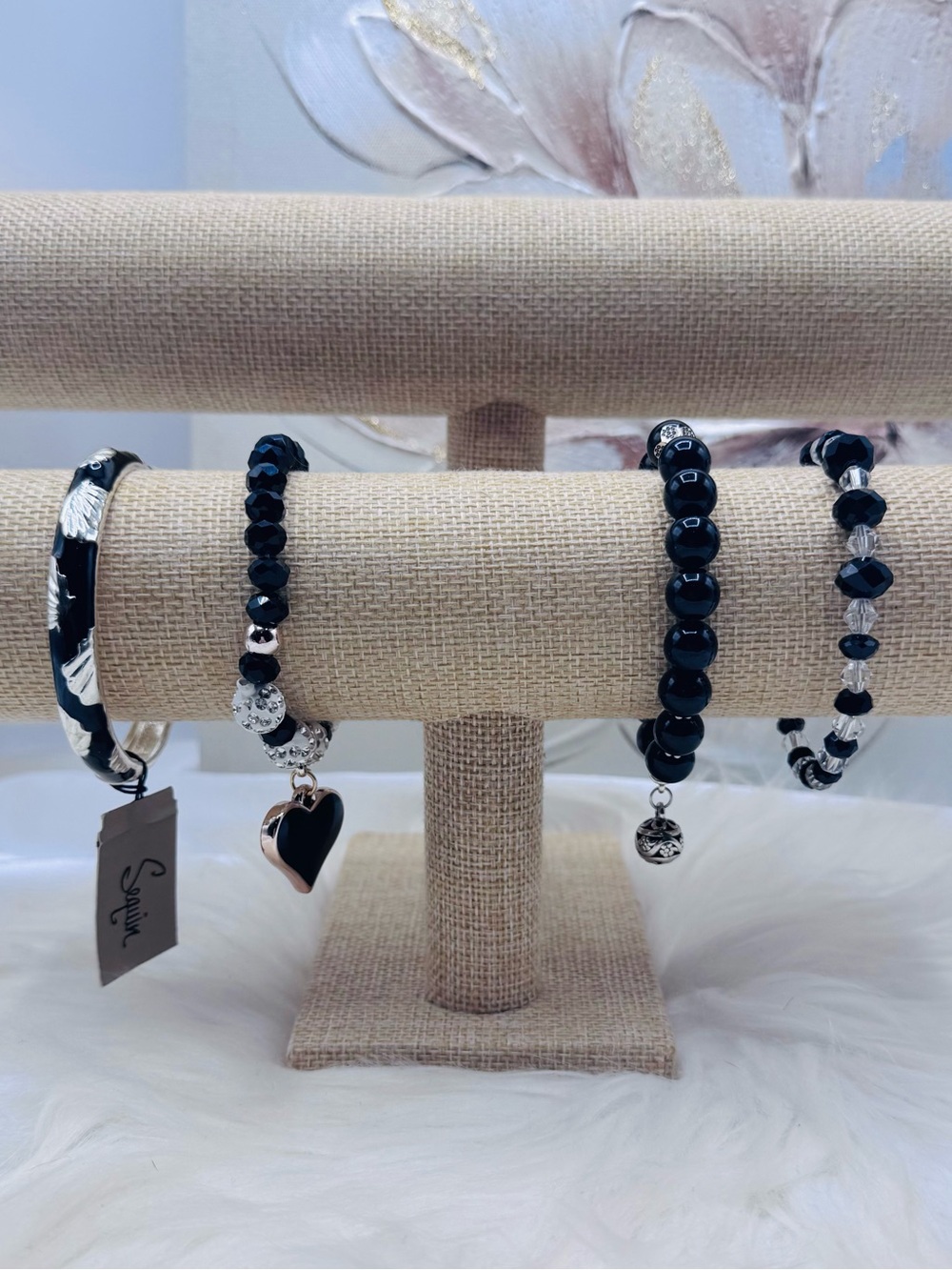 Black & Silver Bracelet Bundle – 4 Piece Mixed Beaded, Heart Charm & Bangle Set